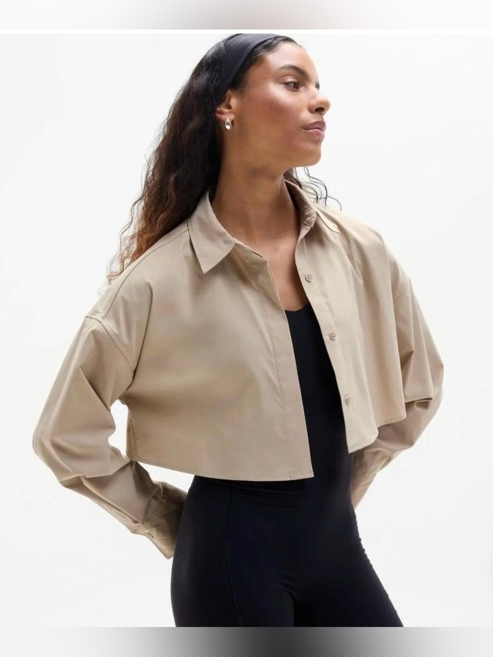 Athleta Midday Ultra Cropped Khaki Button Down Preppy Academia Everyday Boxy - Picture 1 of 9